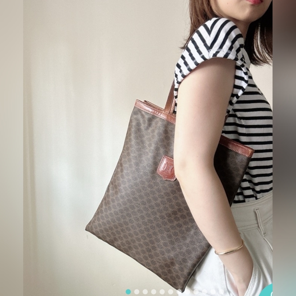 Celine Vintage Brown Macadam Canvas Shopping Bag Tote